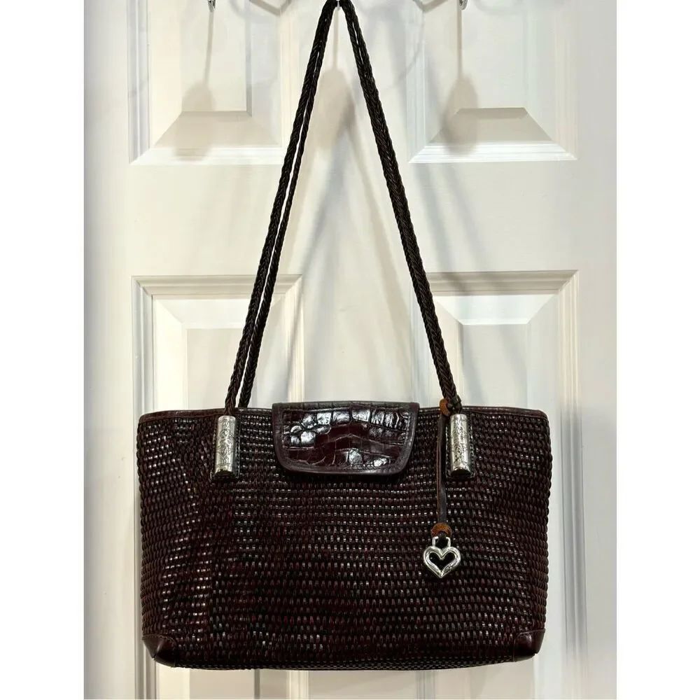 BRIGHTON - Vtg Two-Tone Brown Woven Leather Shoulder Bag/Croc-Embossed Closure